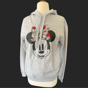 DISNEY Minnie Mouse Women's Size L Heather Gray Embroidered Flowers Bow Hoodie
